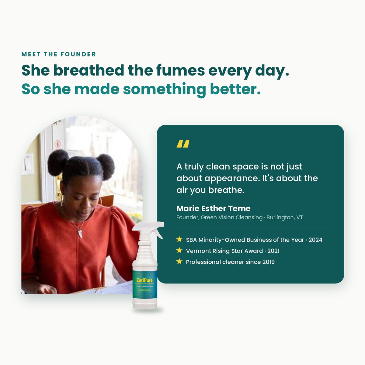 Marie Teme, founder of ZuriPure and Green Vision Cleansing, with a ZuriPure spray bottle