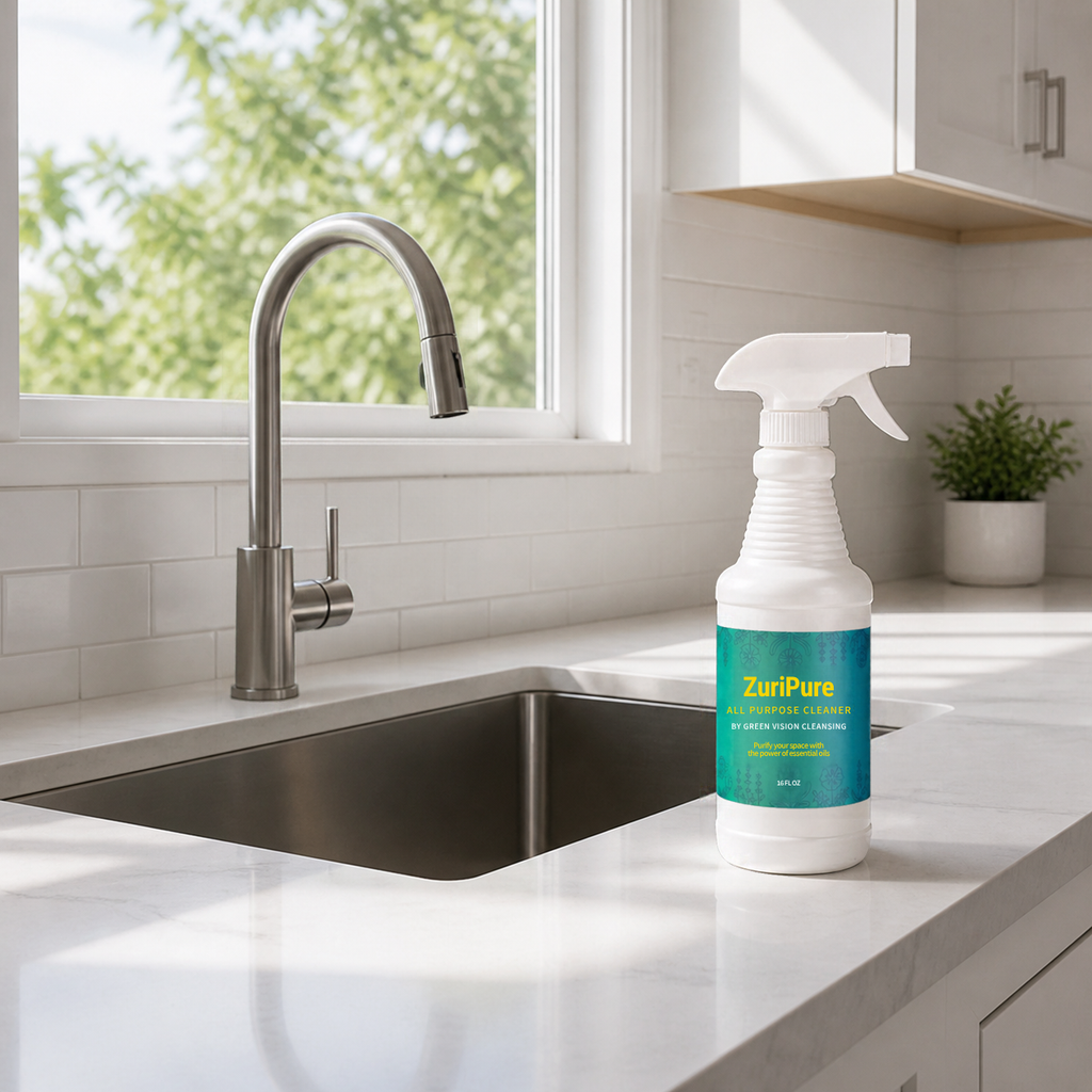 ZuriPure spray bottle beside a bright kitchen sink