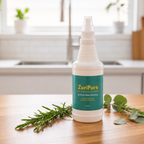 ZuriPure spray bottle on a wooden kitchen counter with fresh herbs